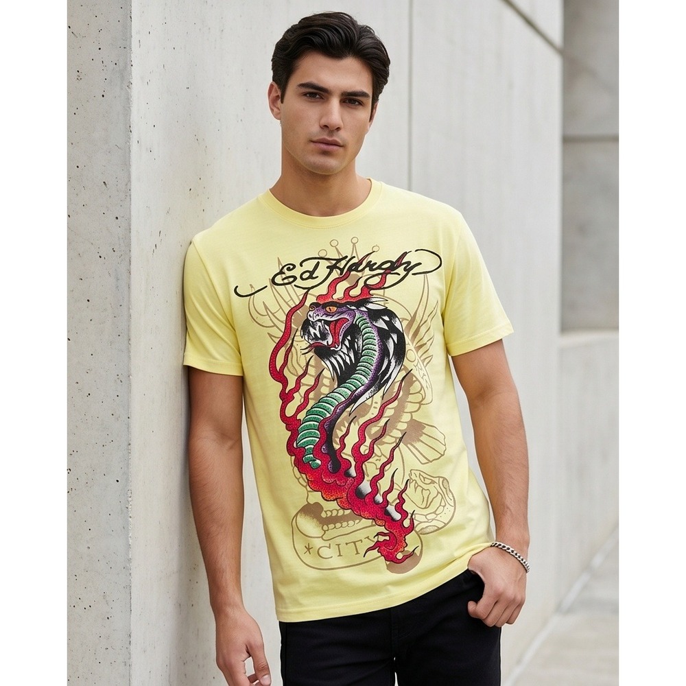 Ed Hardy Mens M Beaded Snake Graphic T-Shirt Lemon Yellow Tattoo Cobra NWT